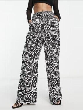 Beige Botany Women's Zebra Print Wide-Leg High rise Pants (Size M) -Cotton blend